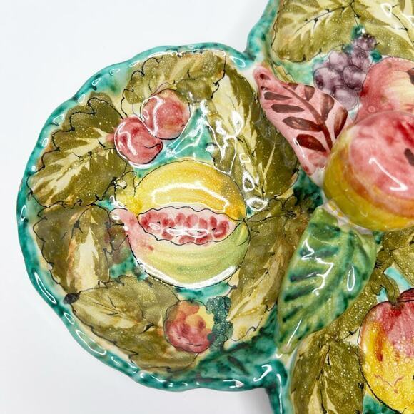 Vintage Italian Hand Painted Pottery Majolica Fruits Leaves Divided Serving Dish - Picture 5 of 13